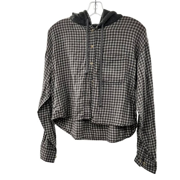 American Eagle Plaid Cropped Jacket Hooded Button Up Gray/Multi Size Small - Picture 1 of 9